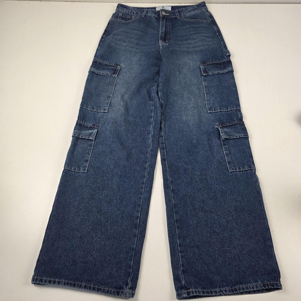 Flying Angel Jeans 11/30 Blue Medium Wash High Rise Wide Leg Cargo